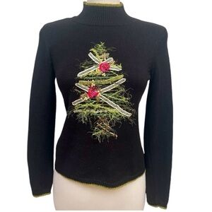 VINTAGE Talbots Petites Embroidered Christmas Tree Holiday Mock Neck Sweater